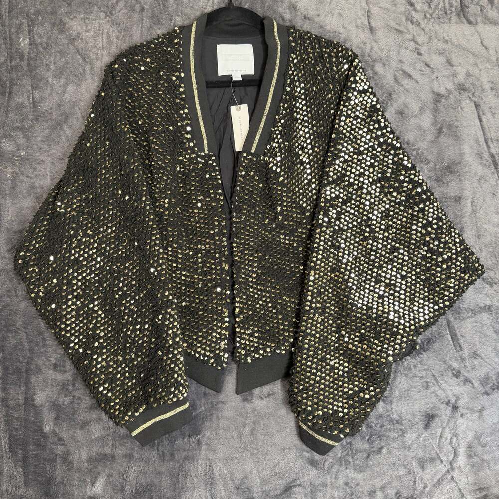 Ett:twa for Anthropologie Black and Gold Sequin Bomber Jacket